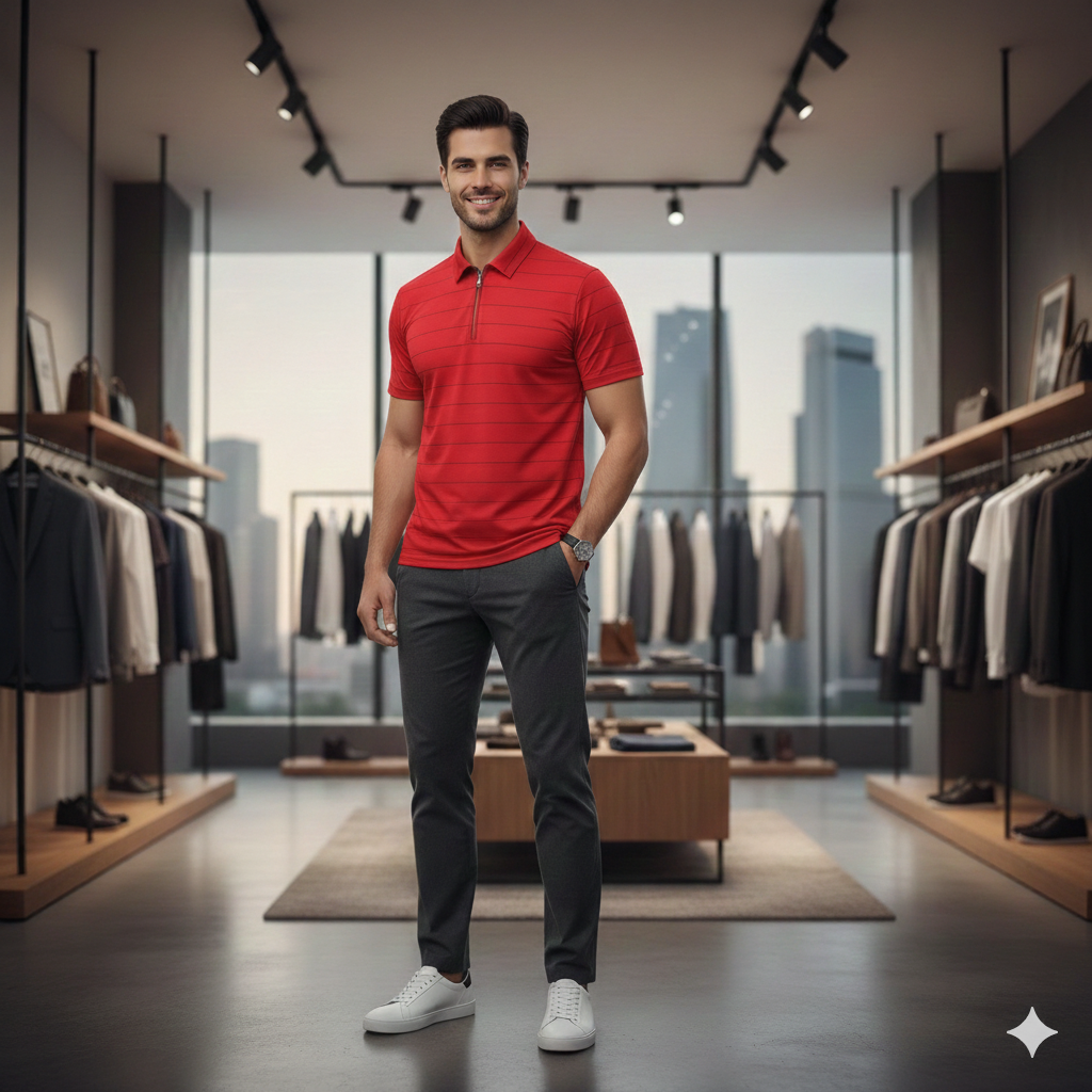 Men’s Premium Red Polo T-Shirt | Zip Neck | Smart Casual Wear