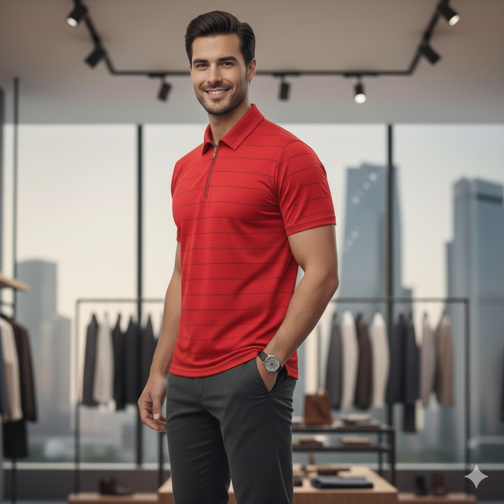 Men’s Premium Red Polo T-Shirt | Zip Neck | Smart Casual Wear