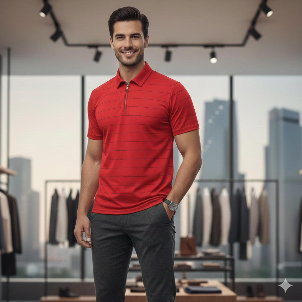 Men’s Premium Red Polo T-Shirt | Zip Neck | Smart Casual Wear