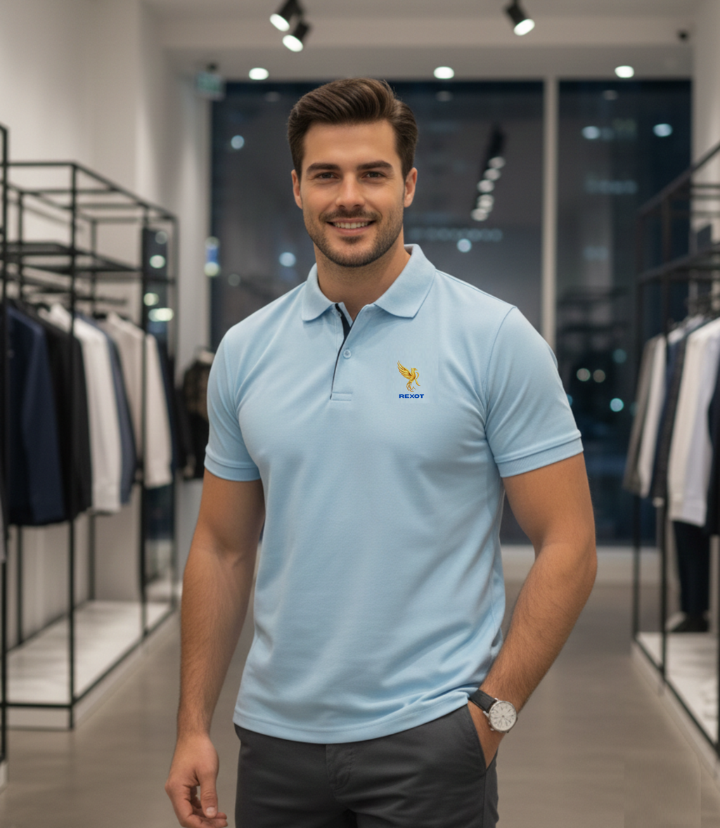 REXOT Men’s Premium Polo T-Shirt – Sky Blue | Smart Fit | All-Day Comfort