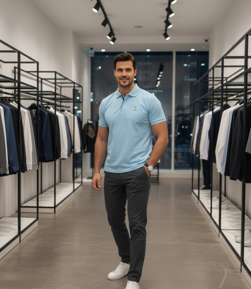 REXOT Men’s Premium Polo T-Shirt – Sky Blue | Smart Fit | All-Day Comfort